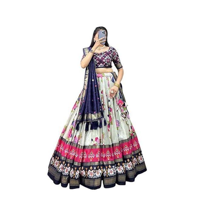 Women Tussar Silk With Patola Print And Foil Work Lehenga Choli ,Unstiched Blouse,
