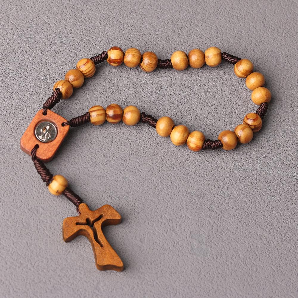 Natural Pine Wood Cross Rosary with Simple Rope and 8 Beads 8mm