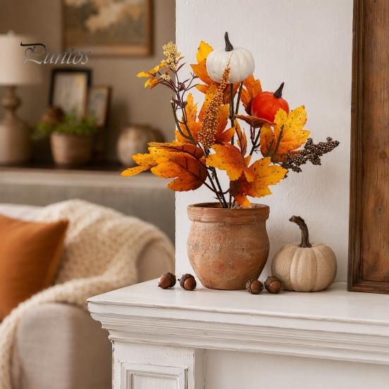Bouquet Autunnale Artificiale con Zucche in Tessuto Foglie d'Acero Bacche di Grano, Fiori Finti e Decorazioni Autunnali per Centrotavola del Ringraziamento, Stagionale