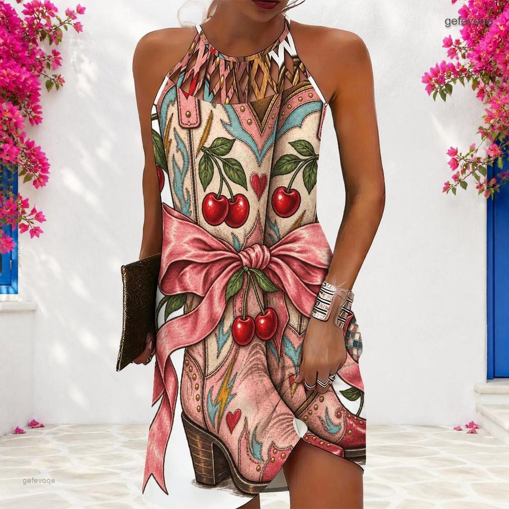 Women Plus Size Criss Cross Cutout Halter Neck Sleeveless Fitted Christmas Printed Dress