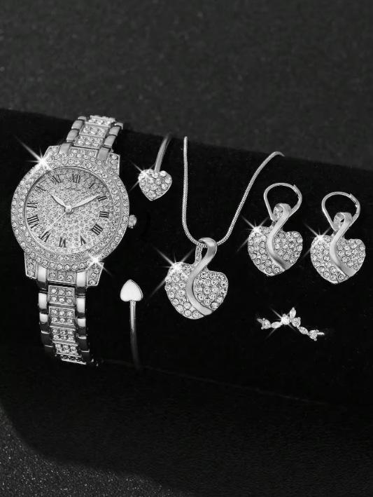 Ladies Watch Set Steel Belt Full Diamond Premium Quartz Watch Temperament Business Leisure Watch