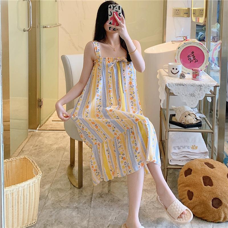 Cotton Nightdress Women'S Summer Thin Pajamasspring And Autumn Cotton Korean Cute Casual Print Dress Loungewear