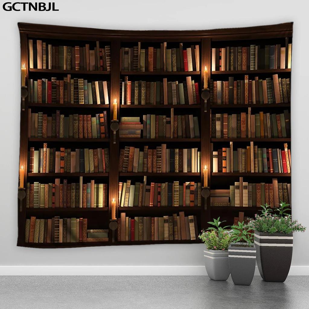 VIKAMA Retro Library Bookshelf Tapestry Modern Minimalist Study Background Cloth Literary Retro Style Living Room Decoration