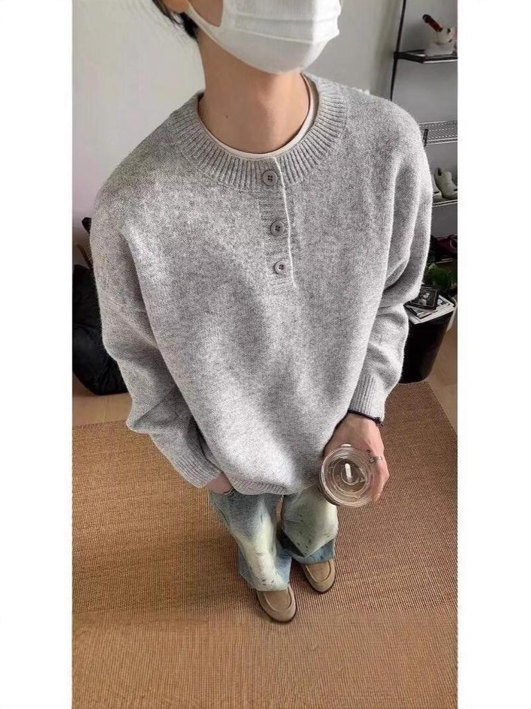 2025 Unisex American Retro Henley Sweater - Old Money Style with Lazy Vibe for Autumn/Winter