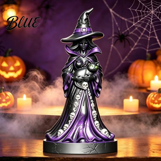 Hand Carved Resin Craft Lighted Witch Figurine Holding Black Cat Statue Gothic Stable Base Figurine Sculpture with LED Lights for Halloween