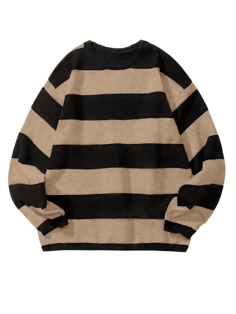 Men's Retro Wool Knitwear: Color Block Striped, Round Neck, Soft & Cozy, Loose Fit, Autumn/Winter Edition.