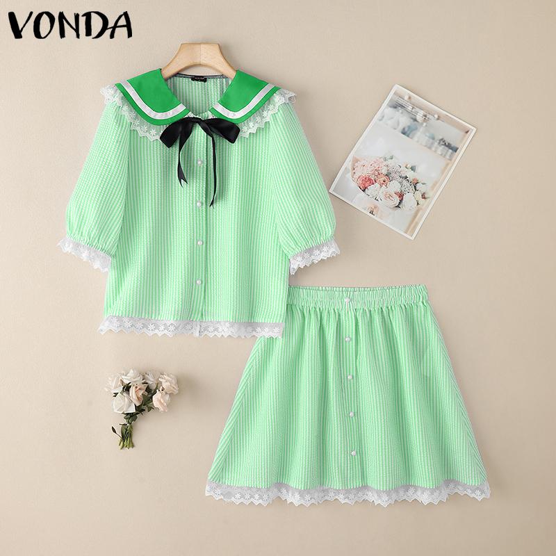 VONDA Two Picecs Dame Marineblå Krage Blondekant Stripete Tekstur T-skjorter og Shorts Sett