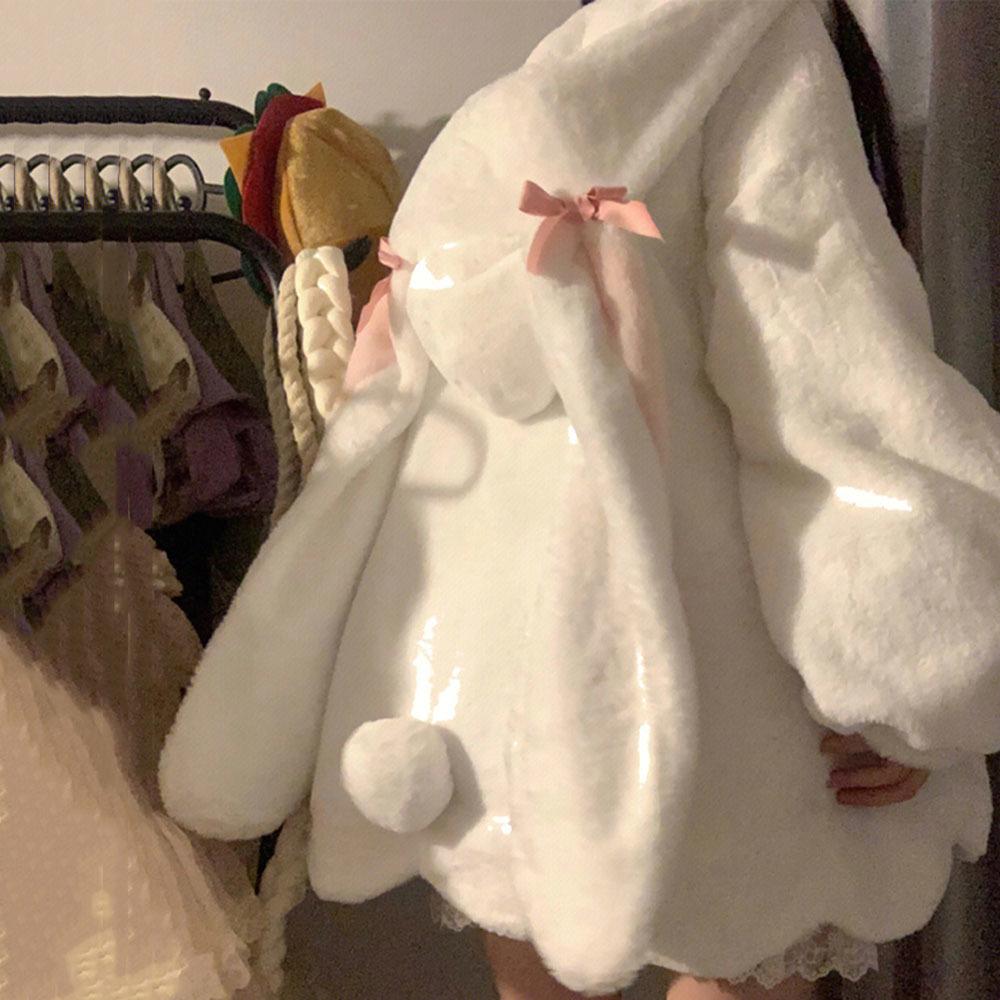 Höst Vinter Söt Varm Färgblock Fuskpälsjacka Hoodie Dam med Björnöron Fluffig Jacka