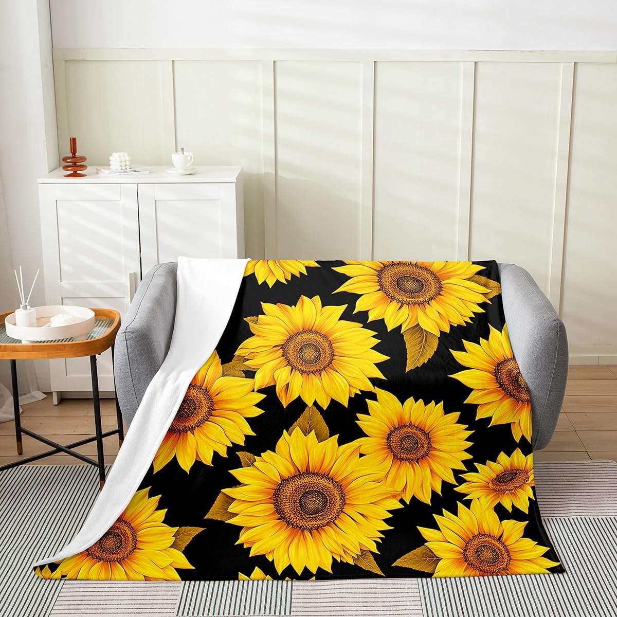 

Feelyou Sunflower All Season Bed Blanket Queen x Blossom Flower Flannel Fleece Throw Blanket for Sofa Couch Nature Theme Black F 75cmx90cm
