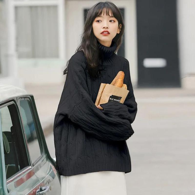 

Женский свитер с высоким воротником, красный длинный свободный вязаный пуловер, утепленный и сохраняющий тепло подшерсток, осенне-зимние джемперы в стиле ретро в английском стиле XL чёрный