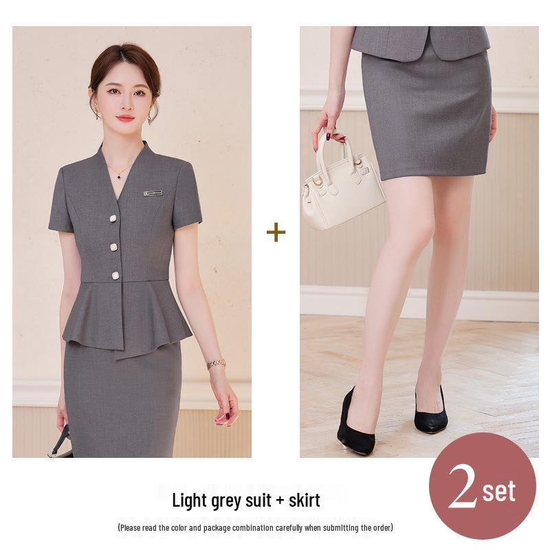 Set Profesional de Vară cu Mânecă Scurtă, Formal, din Două Piese, pentru Femei - Design Subțiere cu Volane