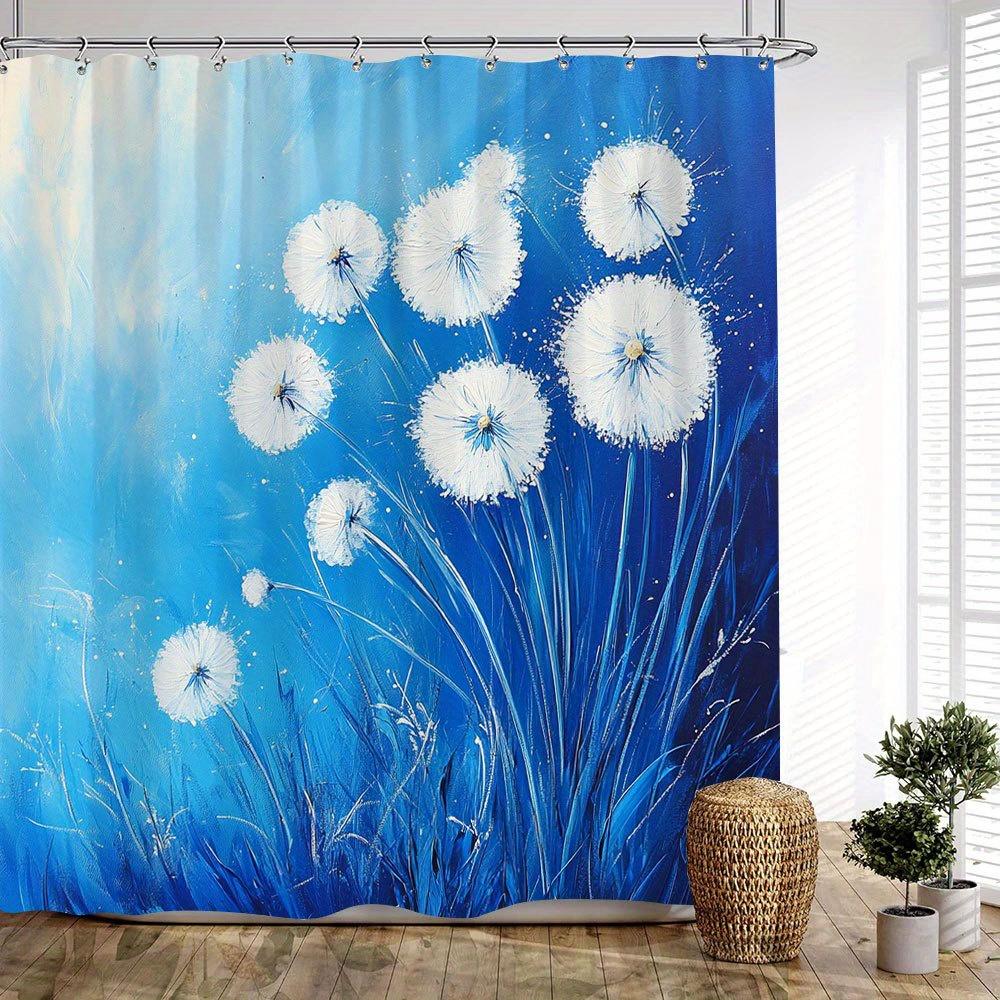1Pc Dandelion Dreams Shower Curtain - Realistic Digital Painting With White Wispy Flowers & Rich Blue Gradient, 70X70 Inches,
