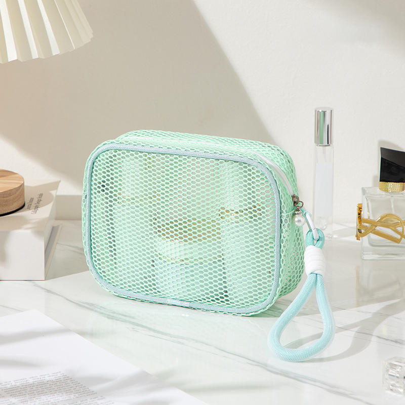 Portable Travel Makeup Bag Mini Grid Storage Bag Breathable Cosmetic Storage Pouch Compact Size Single Color