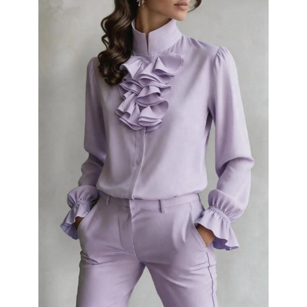 Spring and Autumn New Temperament Commuting Loose Stand-up Collar Solid Color Ruffle Edge Women's Shirt