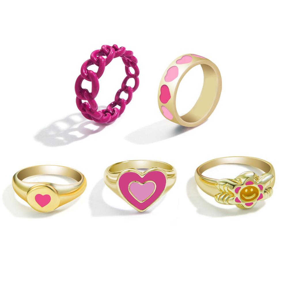 Mehrlagiges Herzförmiges Smiley-Gesicht Ring-Set - Grenzüberschreitende Mode mit tropfenden Öldetails