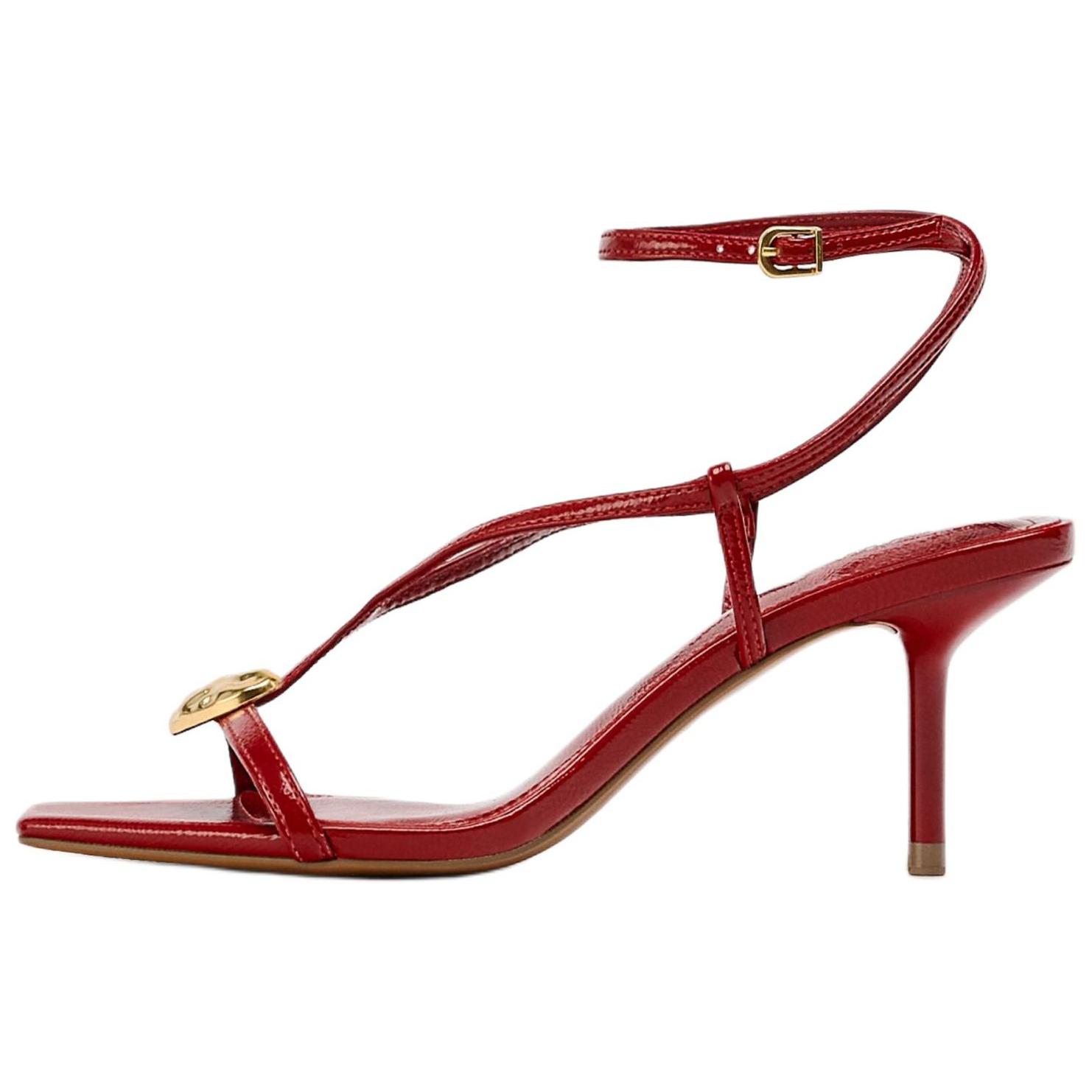 Zara Metal Buckle Detail Square Toe Slingback Kitten Heels Red Women 12317510-38 37