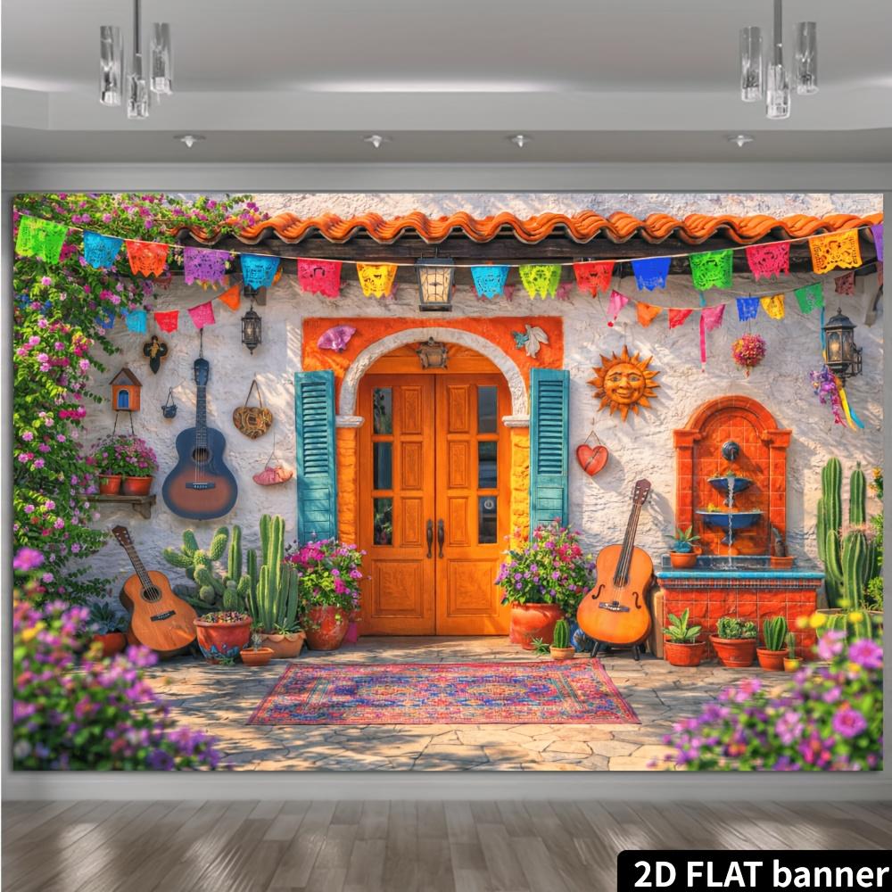 Tissu de fond Thème Cour Mexicaine Ensoleillée 2D - Décoration multifonctionnelle, adaptée aux maisons et aux bureaux