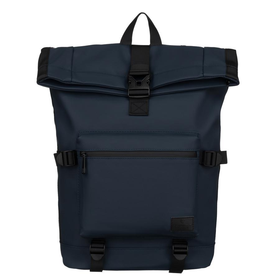 Miejski, pojemny plecak typu roll-top w granatowym kolorze z zewnętrzną kieszenią na suwak - Peterson