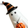 Handcrafted Ghost Ornament Halloween Figurine with Witch Hat, Cute Small Resin Decorative Holding Pumpkin Statue for Home Table Shelf Desk Decor