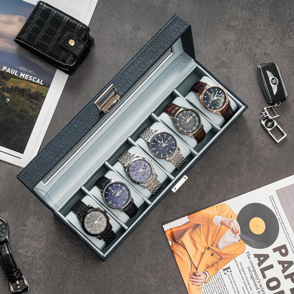 ProCase Watch Box for 6 Slot Watch Watch Storage Watch Holder Organizer for Watch Display Case with Glass Lid Men, Men's Case, Men,