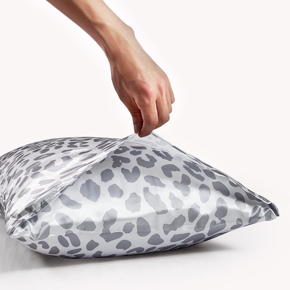Satin Pillowcase for Hair & Skin, Grey Leopard Printed Pillow Cases Set of 2, Silk Satin Pillow Covers with Envelope Closure