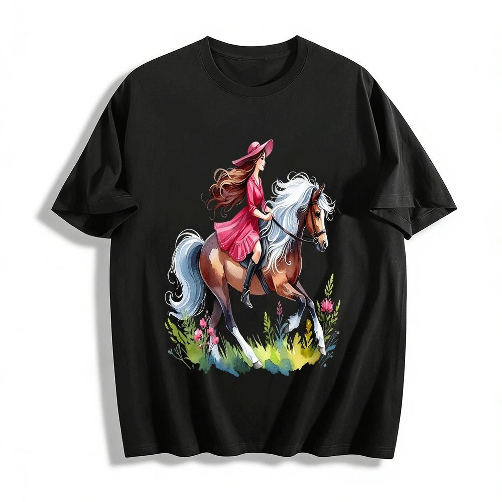 

Vintage Pink Dress Girl Riding Horse Watercolor Print Casual Top Pure cotton T-shirt XXS