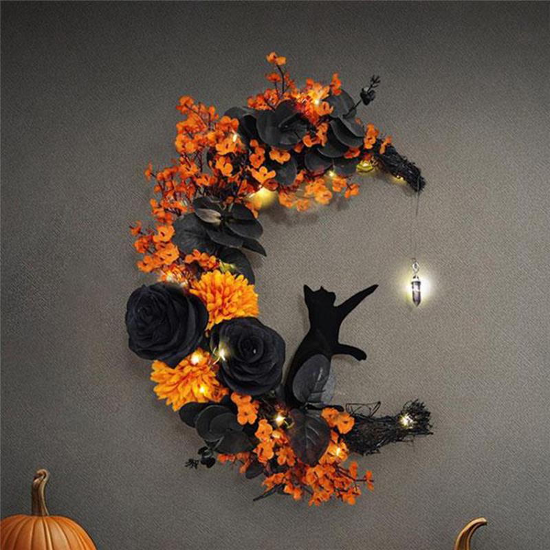 M-Modern-Halloween Signs Moon Shaped Door Wreaths Goth Roses Black Cats Garland Front Door Ornament Halloween Decor, B Easy Inst