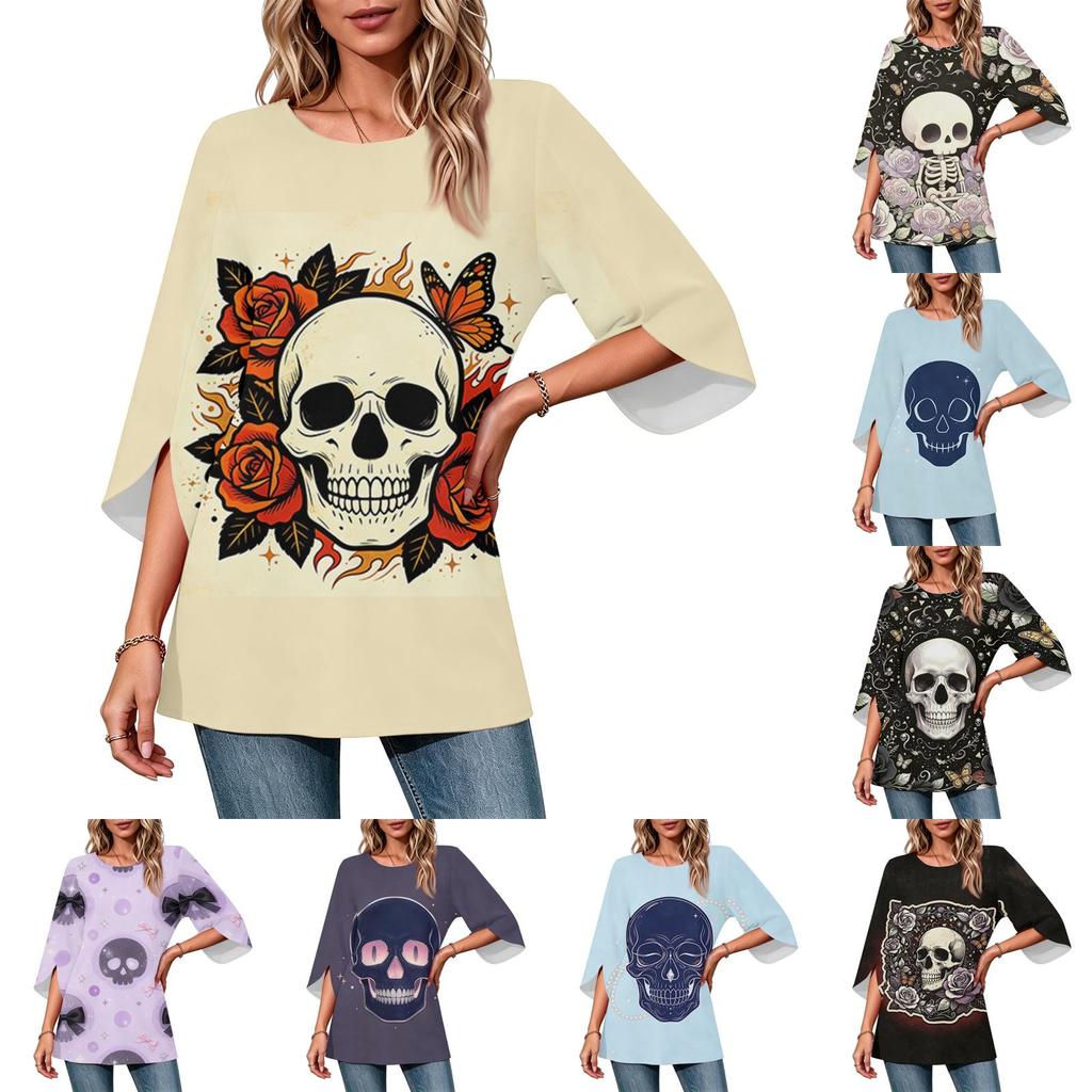 Women's Halloween Printed Casual Loose Fit Top with Round Neck and Three-Quarter Sleeves