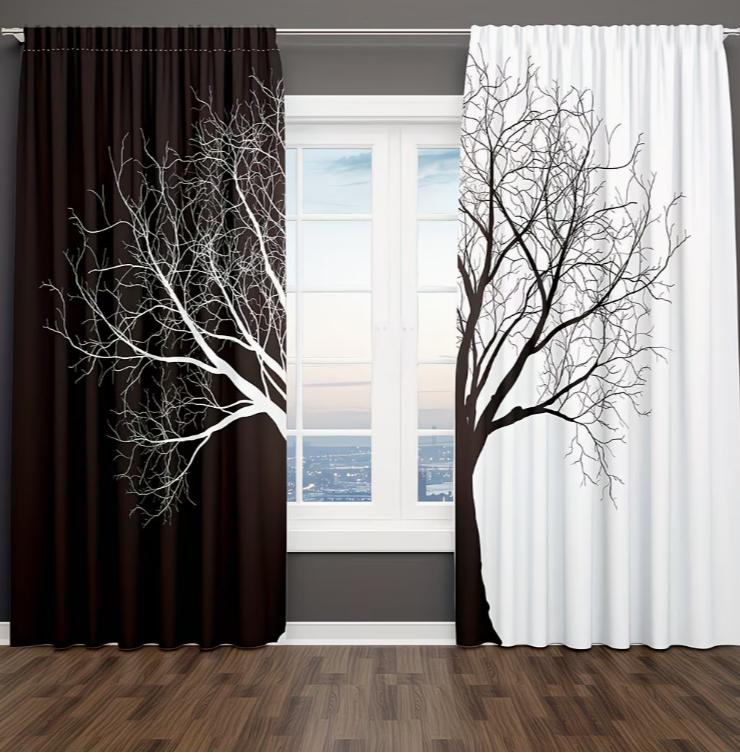 2pcs Gothic Black Forest Curtains Gloomy Dark Forest Foggy Mysterious Black Tree Forest Blackout Rod Pocket Window Treatments