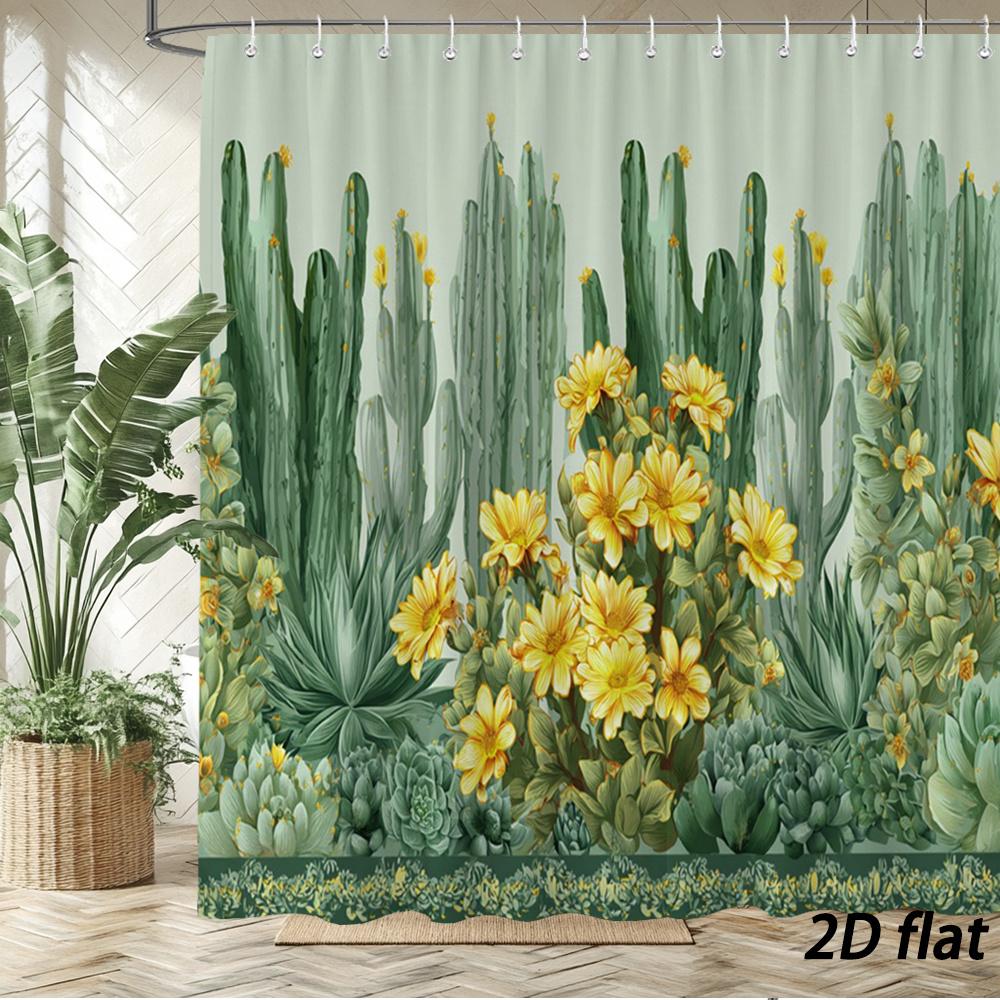 

Cactus & Yellow Flowers Shower Curtain – Columnar Cacti, Echeveria, Daisy Blooms On Light Green, 12 Hooks, 70.87×70.87 Inch W60H190(CM)-1 Pcs