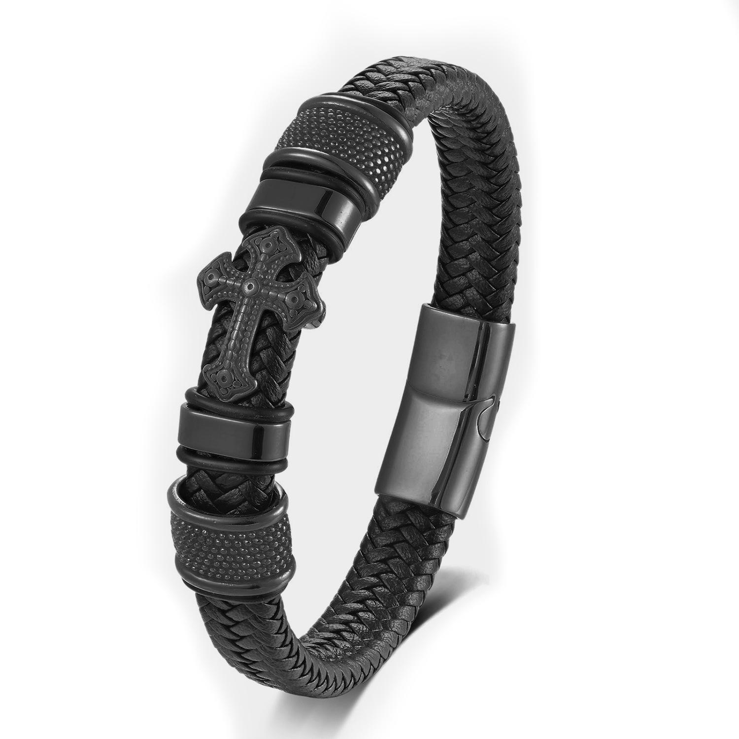Hot Selling Leather Handwoven Bracelet New Retro Trend Gold Cross Men Leather Bracelet for Men Fashion&19cm чёрный