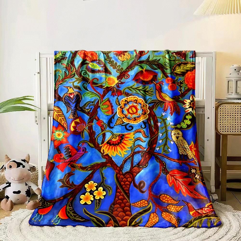 Whimsical Tree with Colorful Birds, Flowers, and Various Ornate Leaves. for All Seasons Blanket Lunch Break Throw Gift