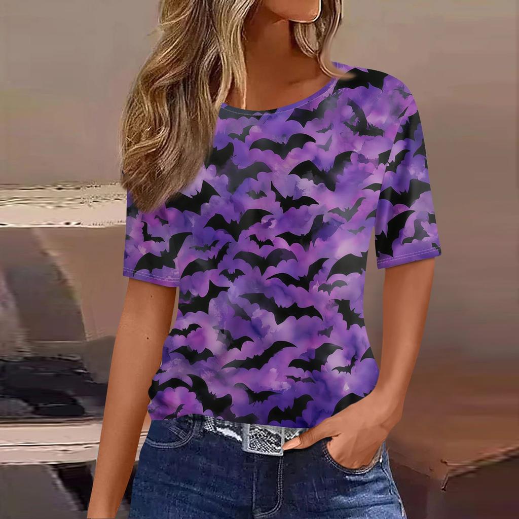 Women's Short Sleeve Halloween and Pumpkin Print T-Shirt, Casual Round Neck Pullover Top for Women