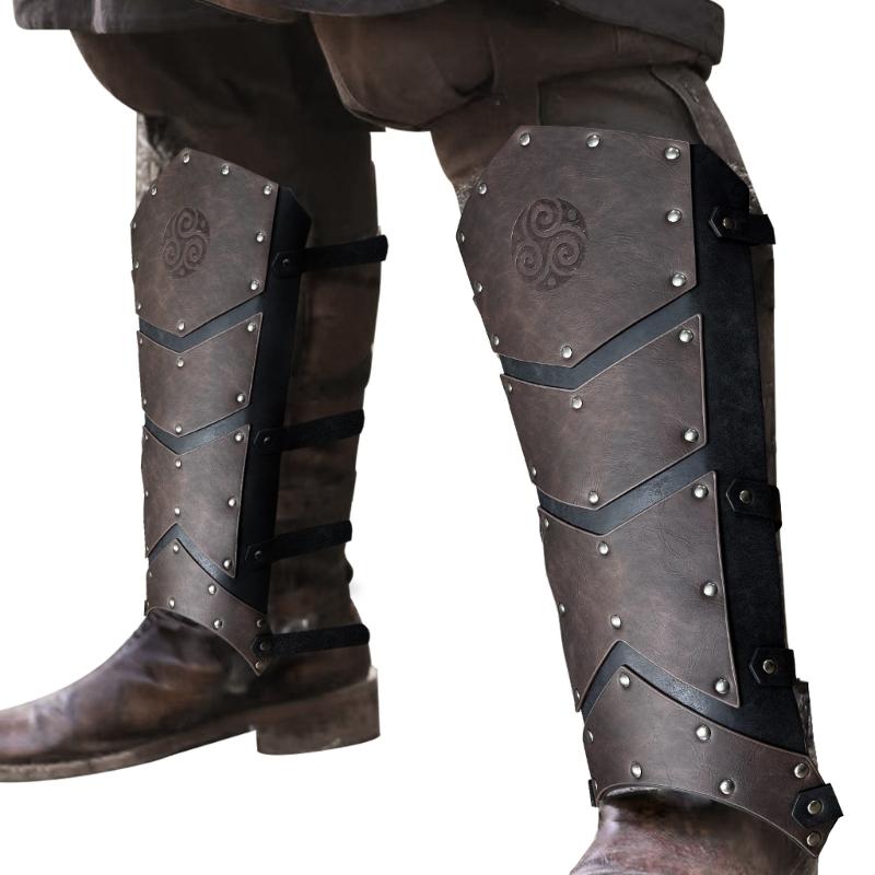 Medieval Faux Leather Leg Guards Vintage Studded Leg Gaiters with Adjustable Straps for Cosplay and LARP Enthusiasts