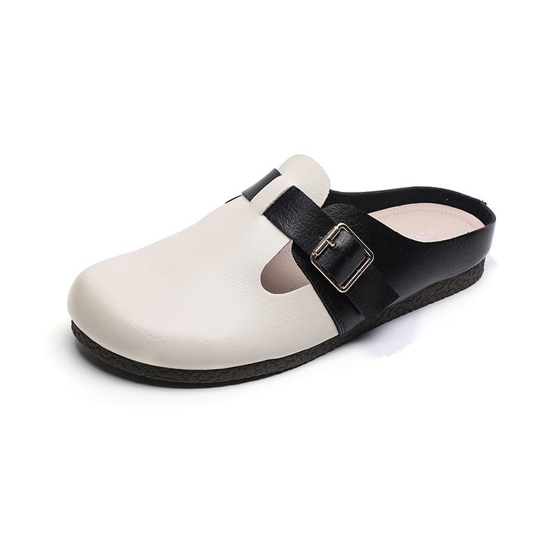 Koreanische Version der Retro-Slipper mit großem Kopf und flachem Boden, ein Fußhocker, Baotou-Halbsandalen-Slipper, weicher Boden, runde Spitze, Sandalenslipper für Damen