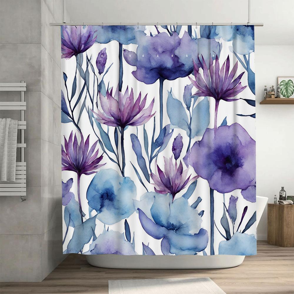 Purple Blue Watercolor Floral Shower Curtain Bathroom Decor Hanging Waterproof Shower Bath Mat Tiling Wall Stickers Home Decorat