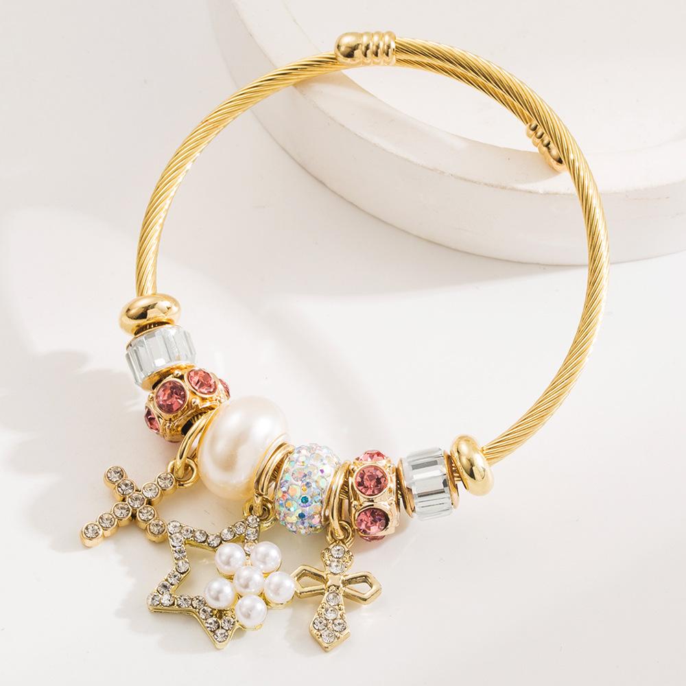 European and American Fashion Korean Style Open Bracelet for Women Heart Cross Bear Inlaid Diamond Bracelet