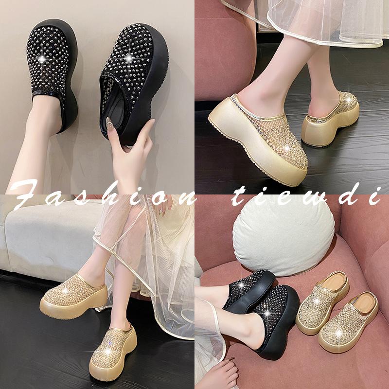 2025 summer new fashion trend rhinestone one pedal beach hollow thick-soled bag head half slippers women