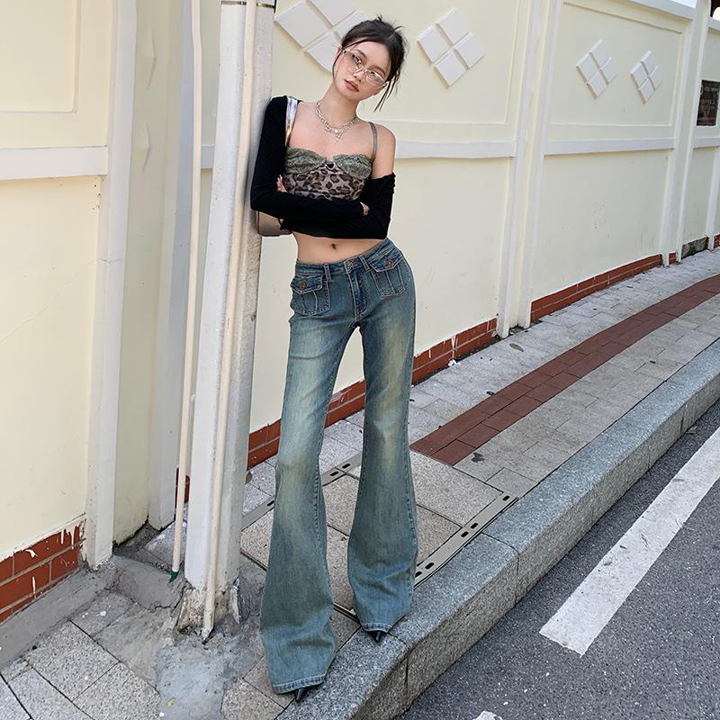American retro nostalgic blue micro-pull jeans women's autumn new low-rise thin flared floor pants