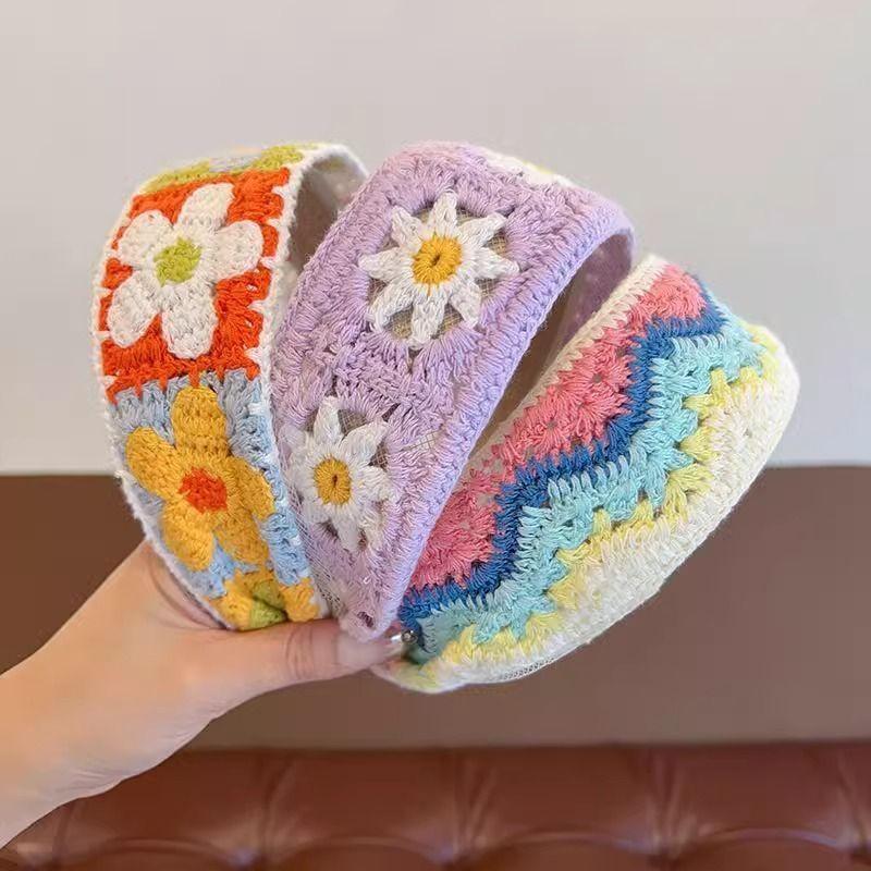 Children's sweet knitted embroidery wool flower headband girl finishing broken hair artifact wide edge headband hair accessories hairpin