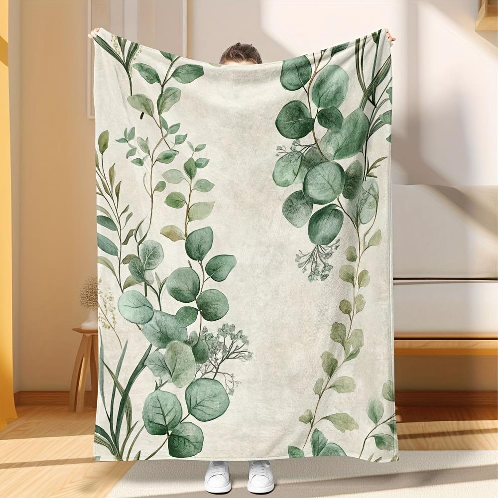 

1pc Bohemianstyle green leaf pattern blanket polyester fabric machine washable suitable for bedroom and living room décor 75x100cm