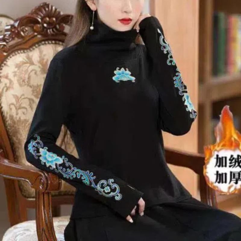 

Женские фольклорные осенне-зимние новые пуловеры с вставками, водолазка, вышивка, модный приталенный универсальный повседневный топ с длинным рукавом XXXL чёрный