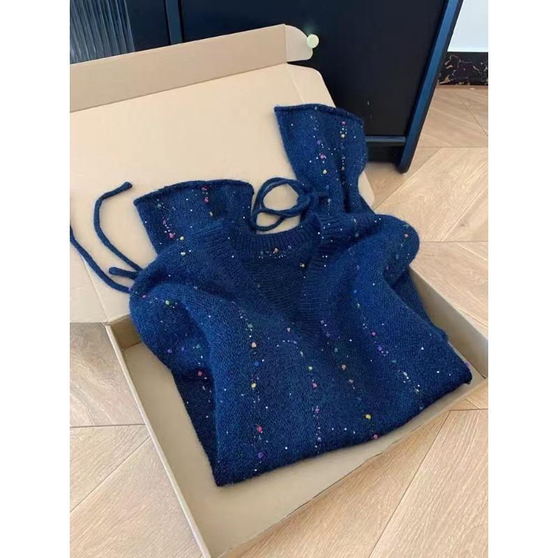 

navy blue flared sleeves retro v-neck pullover long sleeves loose outer sweater women s lazy style premium top L