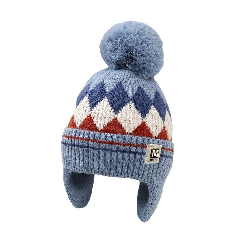 Autumn and Winter Boys and Girls Rhombus Windproof Ear Hats Baby Knitted Thickened Wool Hats Winter Children's Warm Hats