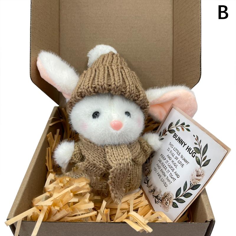 Mini Bunny Hug Cute Easter Gift Plush Bunny With Knitted Hat And Pom Pom Soft Pocket Emotional Support Rabbit With Gift Box Card