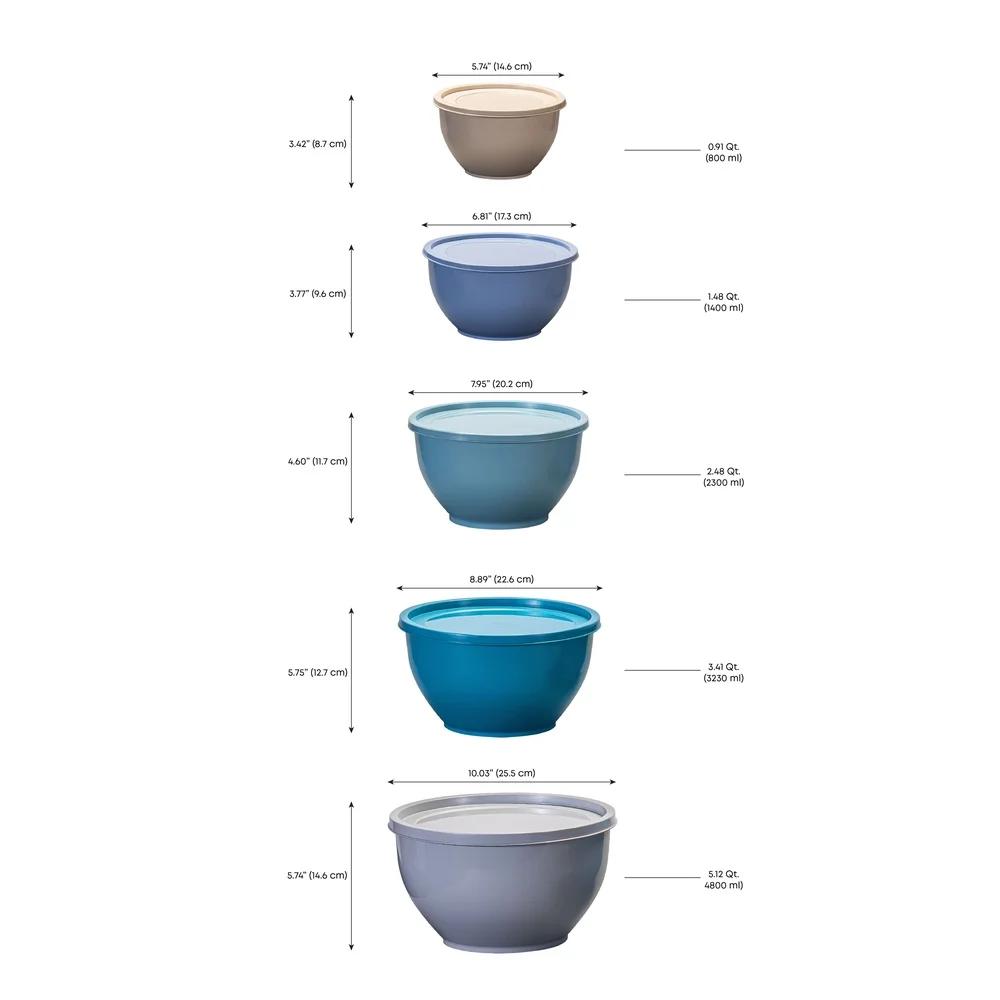 Nonslip Nesting Plastic Assorted Mixing Bowl Set with Lids 10 Pieces)