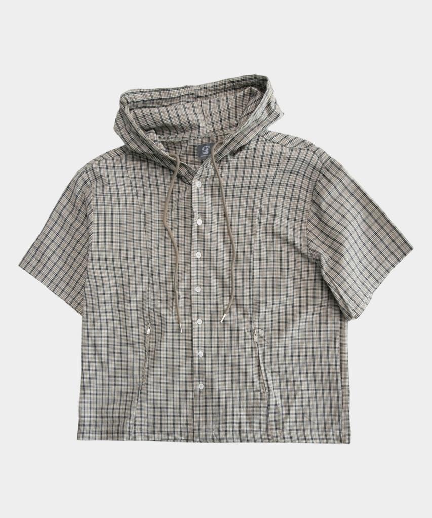 SOMEPLACE MAN Tartan Check Pocket Zipper Point String Hoodie Short Sleeve Semi-Crop Hoodie Shirt [Beige]