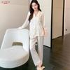 New spring and autumn ice silk solid color pajamas women's long-sleeved cardigan set, sweet and high-end loungewear, light luxury can be worn outside