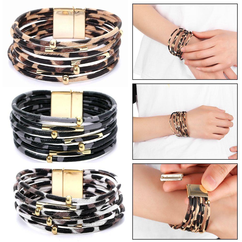 Multilayer Leopard Leather Bangle Jewelry Accessories Wide Wristband Magnetic Clasp Bracelet  Gift