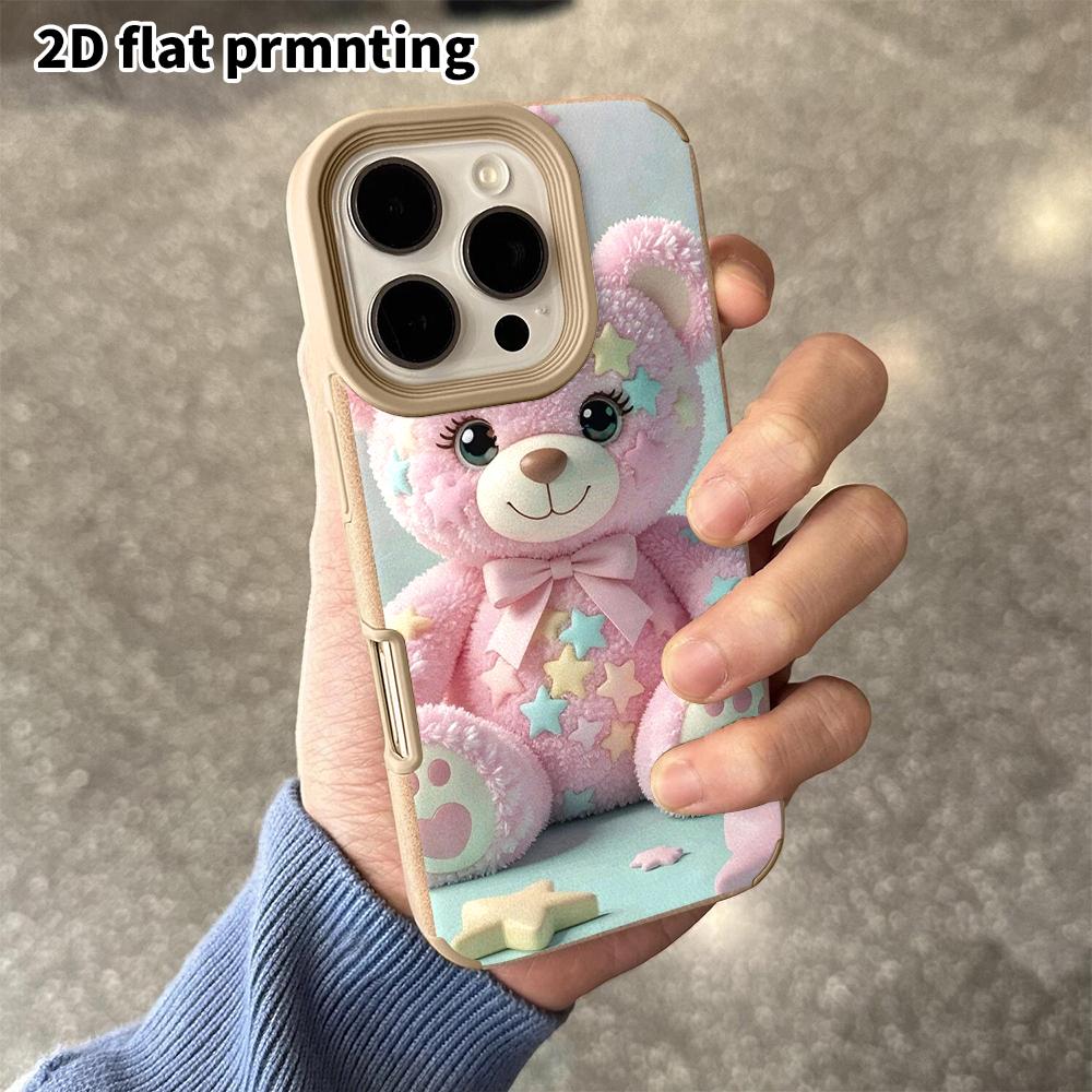 Phone Case: 2D flat lambskin suitable for iPhone 18 17 16 15 14 13 Pro protective case, pink little bear, Christmas and Halloween gift